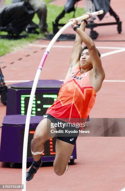 Japan's Shun Taue competes in the men's decathlon pole vault at the Asian Games in Hangzhou, China, on Oct. 3, 2023.