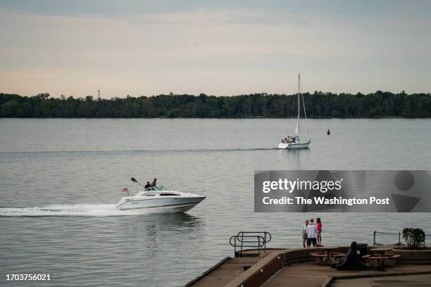 Boats pass near the Bicentennial Tower in Erie, Pennsylvania, Wednesday, September 6, 2023.