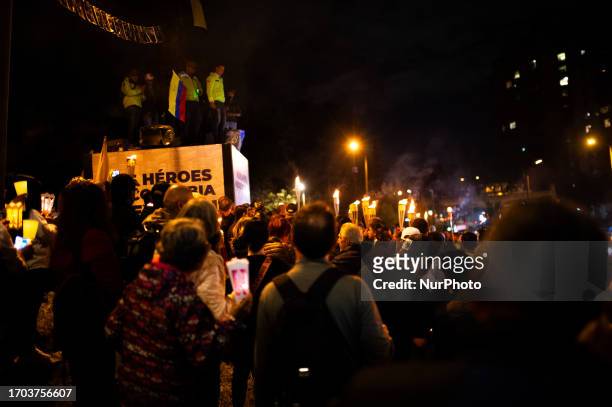 People gather as government oposers take part in a demonstration against the government of Gustavo Petro in Bogota, Colombia, October 2, 2023.