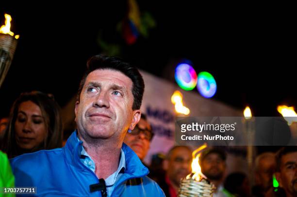 Former minsiter of the defense and Bogota's candidate for mayor Diego Molano takes part as government oposers take part in a demonstration against...
