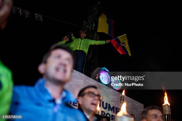 People gather as government oposers take part in a demonstration against the government of Gustavo Petro in Bogota, Colombia, October 2, 2023.