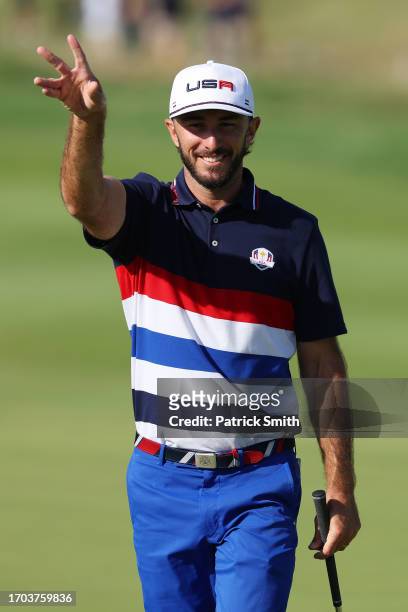 Max Homa of Team United States gestures on the first hole during a practice round prior to the 2023 Ryder Cup at Marco Simone Golf Club on September...