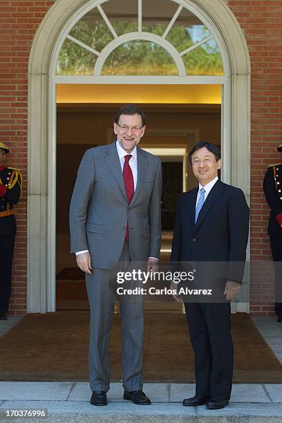 Spanish Prime Minister Mariano Rajoy receives Prince Naruhito of Japan at the Moncloa Palace during the third day of his visit to Spain on June 12,...