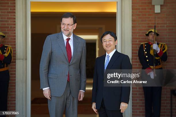 Spanish Prime Minister Mariano Rajoy receives Prince Naruhito of Japan at the Moncloa Palace during the third day of his visit to Spain on June 12,...