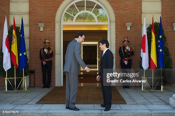 Spanish Prime Minister Mariano Rajoy receives Prince Naruhito of Japan at the Moncloa Palace during the third day of his visit to Spain on June 12,...