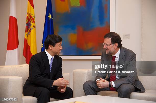 Spanish Prime Minister Mariano Rajoy receives Prince Naruhito of Japan at the Moncloa Palace during the third day of his visit to Spain on June 12,...