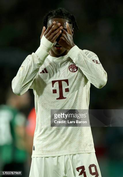 Mathys Tel of Bayern Munich celebrates after scoring his teams fourth goal during the DFB cup first round match between Preußen Münster and FC Bayern...