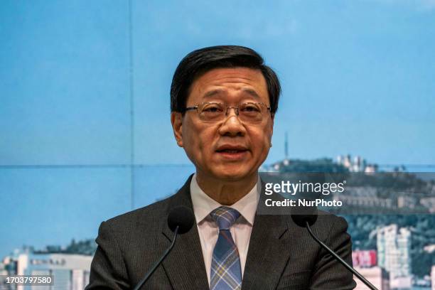 Hong Kong Chief Executive John Lee speaking during a press briefing before his Executive Council Meeting on October 3, 2023 in Hong Kong, China.