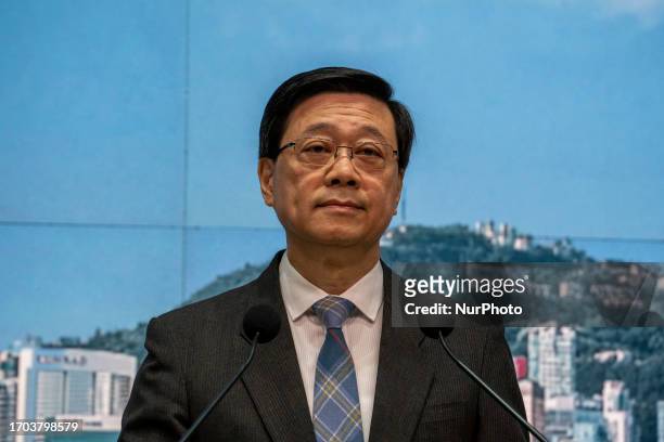 Hong Kong Chief Executive John Lee speaking during a press briefing before his Executive Council Meeting on October 3, 2023 in Hong Kong, China.