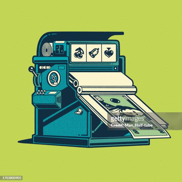 gelddrucker, jackpot-spielautomat - money printer stock-grafiken, -clipart, -cartoons und -symbole