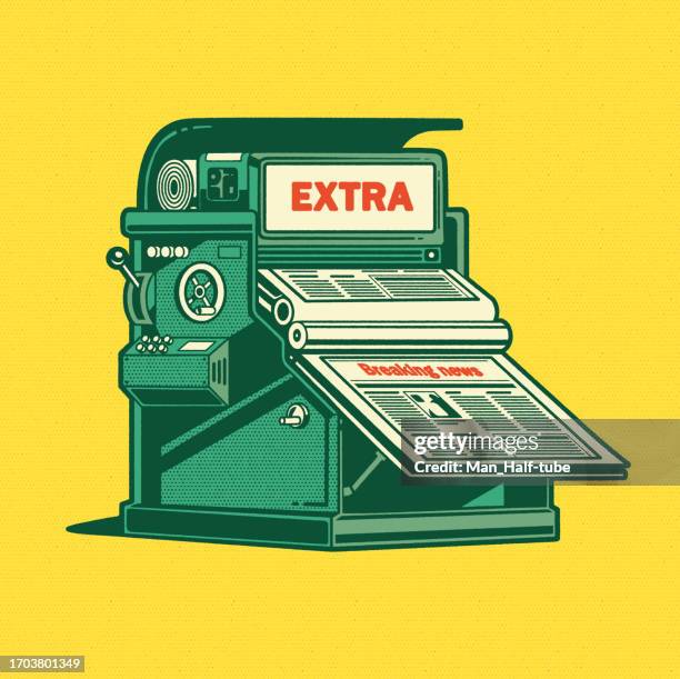 illustrazioni stock, clip art, cartoni animati e icone di tendenza di macchina da stampa. notizie extra dell'ultima ora - documento stampato