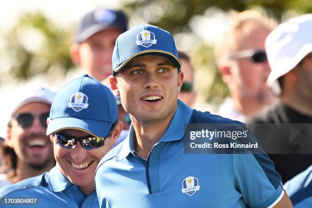 Ludvig Aberg of Team Europe smiles on the 12th hole during a practice round prior to the 2023 Ryder Cup at Marco Simone Golf Club on September 27,...