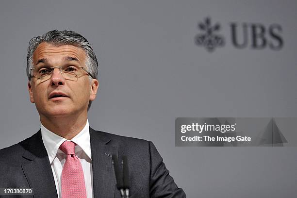 Group CEO, Sergio Ermotti delivers a speech during the Art Basel VIP opening on June 11, 2013 in Basel, Switzerland. Art Basel runs from the 13th of...