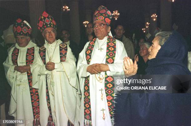 Papal emissary Justo Mullor, Samuel Ruiz, the bishop of San Cristobal de Las Casas, Mexico Diocese, and Raul Vera, co-bishop of the Diocese, prepare...