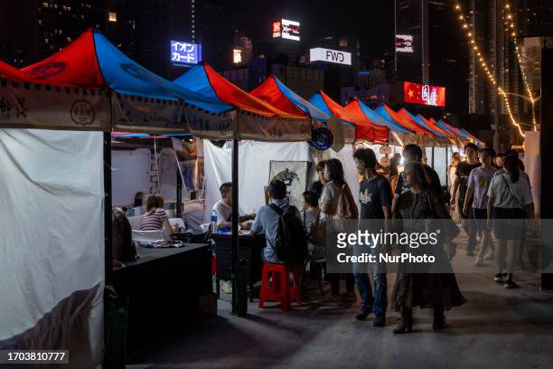 General view showing pop up night market in wan chai promenade on October 2, 2023 in Hong Kong, China. The Night Market in Wan Chai Promenade will be...