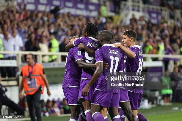 Bala Nzola of ACF Fiorentina celebrates with teammates after scoring goal during the Italian Serie A football match between ACF Fiorentina and...