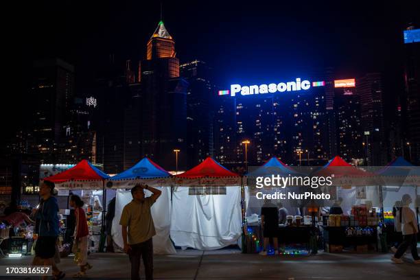 General view showing pop up night market in wan chai promenade on October 2, 2023 in Hong Kong, China. The Night Market in Wan Chai Promenade will be...