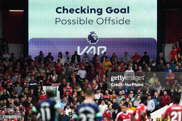Checking for a possible offside during the Premier League match between Nottingham Forest and Brentford at the City Ground, Nottingham on October 1,...