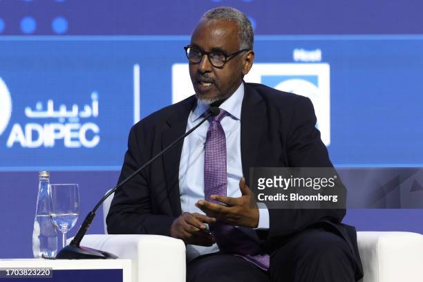 Abdirizak Omar Mohamed, Somalia's petroleum minister, speaks during a panel session on day two of the Abu Dhabi International Petroleum Exhibition...