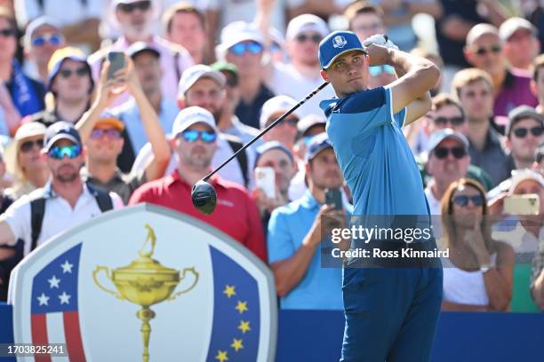 Ludvig Aberg of Team Europe tees off on the 13th hole during a practice round prior to the 2023 Ryder Cup at Marco Simone Golf Club on September 27,...