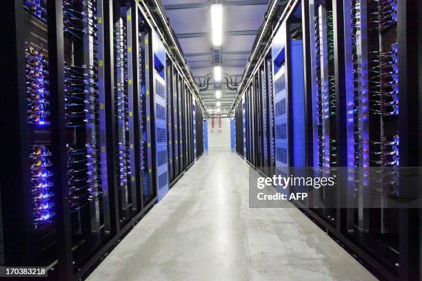 This picture taken on June 12, 2013 shows the inside view of the server hall of Facebook in the city of Lulea, some 900 km north of Stockholm,...