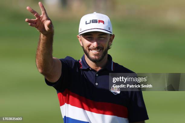 Max Homa of Team United States gestures on the first hole during a practice round prior to the 2023 Ryder Cup at Marco Simone Golf Club on September...