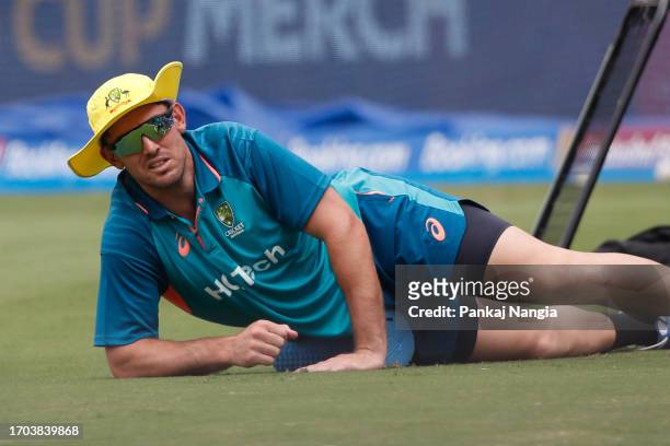 Mitchell Marsh of Australia looks on prior to the ICC Men's Cricket World Cup India 2023 warm up match between Pakistan and Australia at Rajiv Gandhi...
