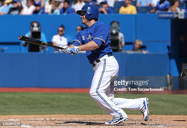 Andy LaRoche of the Toronto Blue Jays bats during MLB game action against the Texas Rangers on June 9, 2013 at Rogers Centre in Toronto, Ontario,...