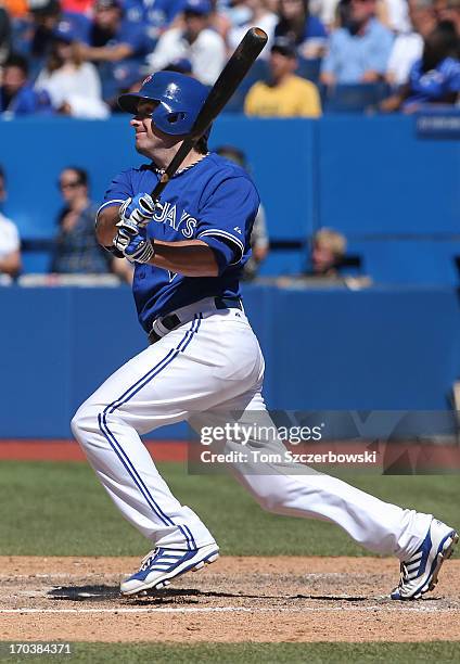 Andy LaRoche of the Toronto Blue Jays bats during MLB game action against the Texas Rangers on June 9, 2013 at Rogers Centre in Toronto, Ontario,...