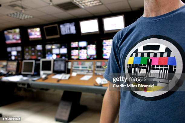 Journalist stands in a production suite within the headquarters of the Greek public broadcaster ERT on June 12, 2013 in Athens, Greece. Journalists...