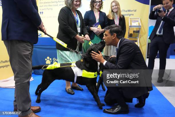 British Prime Minister Rishi Sunak is greeted by a dog as he tours the Exhibitor's Hall on Day 3 of the Conservative Party Conference on October 3,...