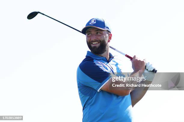 Jon Rahm of Team Europe reacts on the 16th tee during a practice round prior to the 2023 Ryder Cup at Marco Simone Golf Club on September 27, 2023 in...