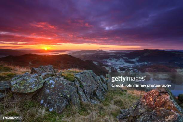 windermere sunrise. lake district national park. uk. - cumbrian mountains stock pictures, royalty-free photos & images