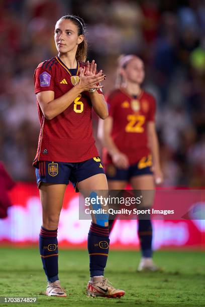 Aitana Bonmati of Spain acknowledges the fans after the UEFA Women's Nations League match between Spain and Switzerland at Estadio Nuevo Arcangel on...