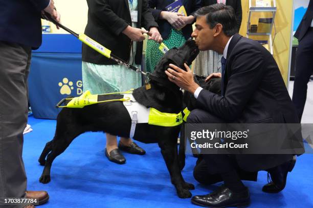 British Prime Minister Rishi Sunak greets a guide dog as he tours the Exhibitor's Hall on Day 3 of the Conservative Party Conference on October 3,...