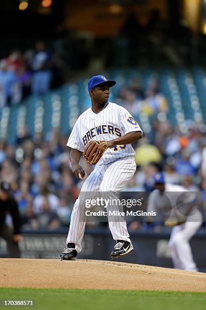 Alfredo Figaro of the Milwaukee Brewers pitches during the game against the Philadelphia Phillies at Miller Park on June 07, 2013 in Milwaukee,...