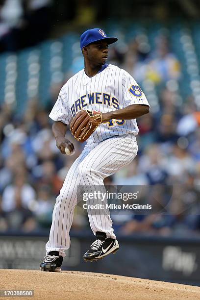 Alfredo Figaro of the Milwaukee Brewers pitches during the game against the Philadelphia Phillies at Miller Park on June 07, 2013 in Milwaukee,...