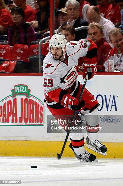 Chad LaRose of the Carolina Hurricanes in action during an NHL game against the Washington Capitals at Verizon Center on April 11, 2013 in...