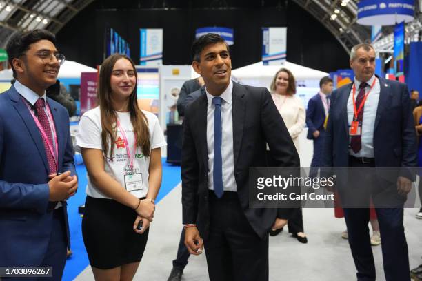 British Prime Minister Rishi Sunak tours the Exhibitor's Hall on Day 3 of the Conservative Party Conference on October 3, 2023 in Manchester,...