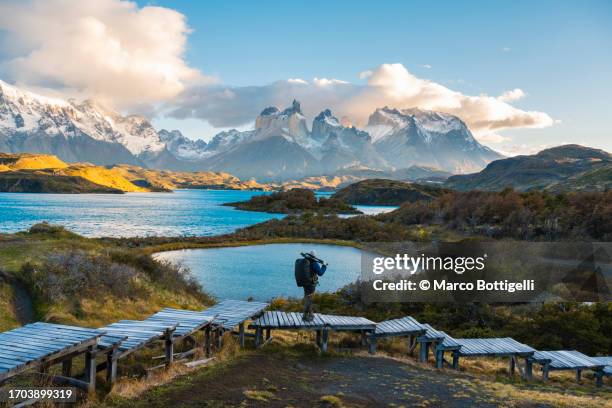 photographer admiring the view at torres del paine national park, chile - parque nacional de torres del paine fotografías e imágenes de stock