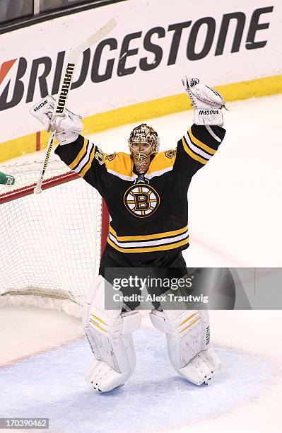 Tuukka Rask of the Boston Bruins celebrates after defeating the Pittsburgh Penguins 1-0 in Game Four of the Eastern Conference Final during the 2013...