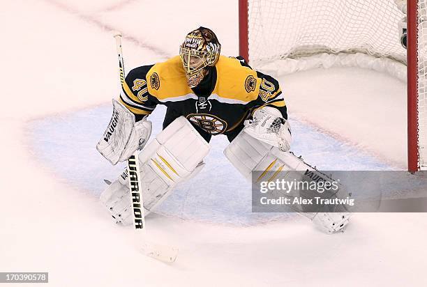 Tuukka Rask of the Boston Bruins skates in position against the Pittsburgh Penguins in Game Four of the Eastern Conference Final during the 2013...