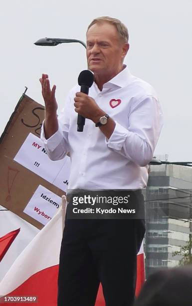 Poland's opposition leader and former prime minister Donald Tusk speaks at an anti-government rally in Warsaw on Oct. 1, 2023.