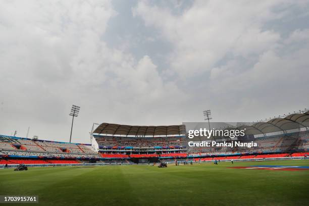 General view of the Stadium prior to the ICC Men's Cricket World Cup India 2023 warm up match between Pakistan and Australia at Rajiv Gandhi...