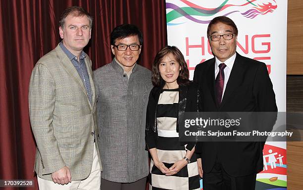 Artistic Director TIFF Bell Lightbox Noah Cowan, Jackie Chan, Gloria Lo, and Stephen Sui attend the HKETO and TIFF press event at Shangri-La Hotel on...