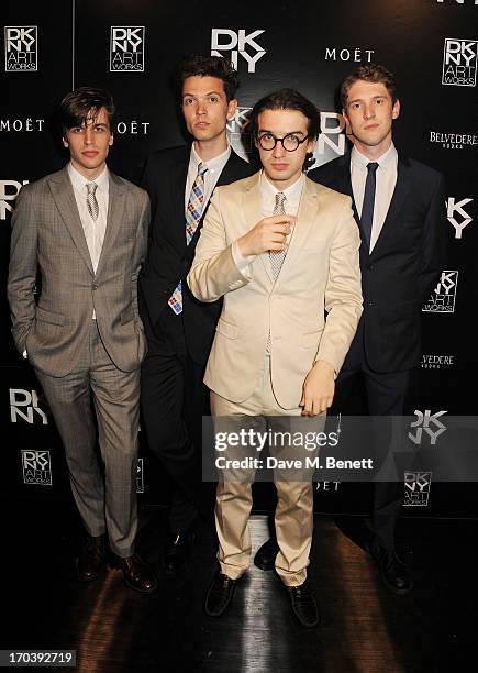 Jed Cullen, Thomas Shickle, Fred Macpherson and Danny Blandy of Spector attend Club DKNY in celebration of #DKNYARTWORKS hosted by Cara Delevingne...