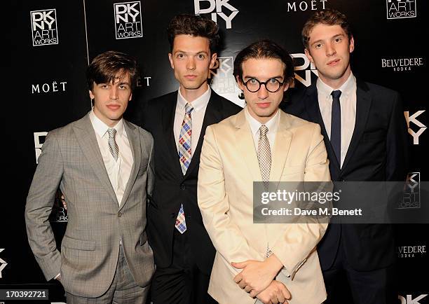 Jed Cullen, Thomas Shickle, Fred Macpherson and Danny Blandy of Spector attend Club DKNY in celebration of #DKNYARTWORKS hosted by Cara Delevingne...