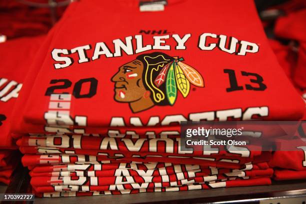 Team merchandise is offered for sale at the Blackhawks Store on Michigan Avenue in the Loop on June 12, 2013 in Chicago, Illinois. The Chicago...
