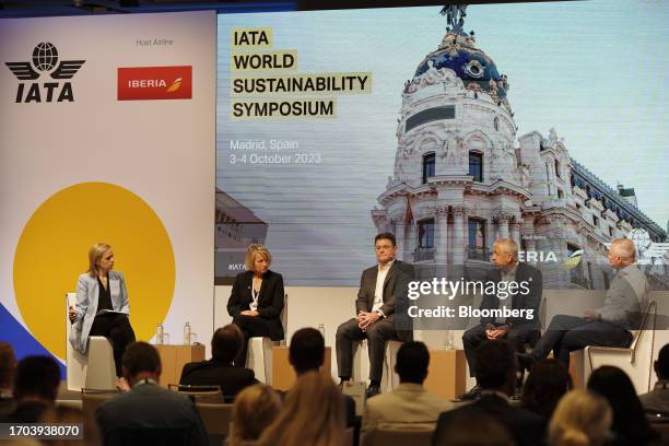 Anne Rigail, chief executive of Air France, from second left, Patrick Healy, chairman of Cathay Pacific Airways Ltd., Roberto Alvo, chief executive...