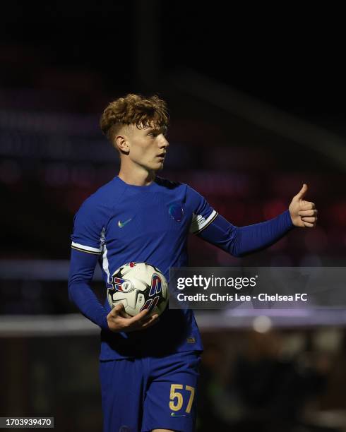 Brodi Hughesof Chelsea in action during the EFL Trophy match between Northampton Town and Chelsea U21 at Sixfields on September 26, 2023 in...